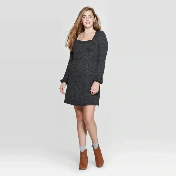 Xhilaration Women’s Gray Long Sleeve Square Neck Mini Dress - Picture 2 of 7